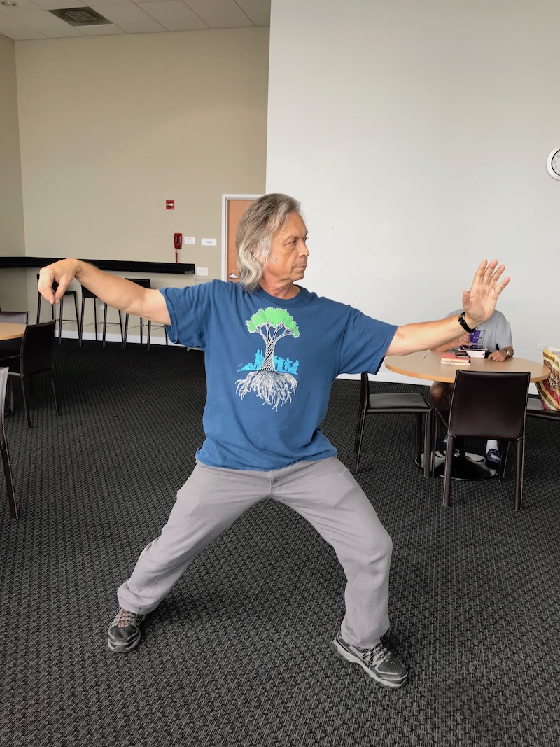 Jim training Taiji with DDA's Rose Oliver in Chicago in 2018; learning "Single Whip"!