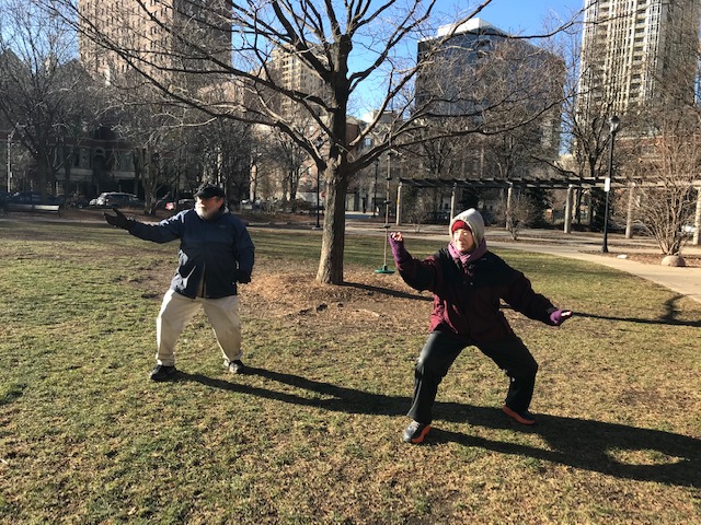 Gabe and Joe training Taiji in the park, this time performing Diagonal Flying!