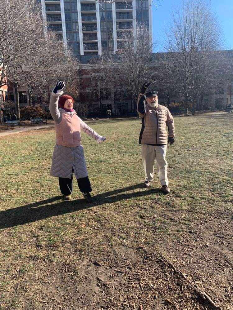 DDA's Rose Oliver & Joe all dressed up for the Taiji form move "White Crane Spreads its Wings"!